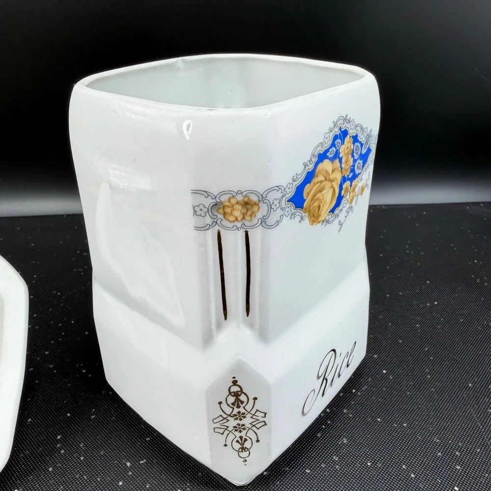 Victoria China Czechoslovakia Rice Canister Vintage Porcelain Blue Rose Floral